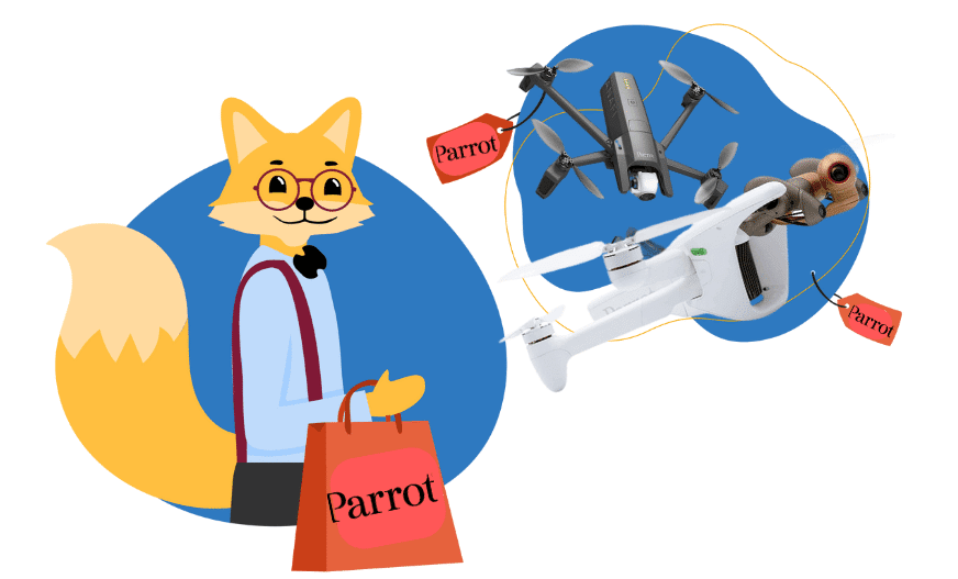 Der Smart-Home-Fox steht mit einer Einkaufstüte von Parrot da und präsentiert die Parrot Anafi und Parrot Bebop Drohnen.